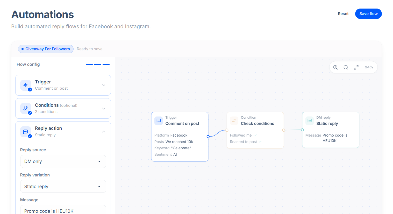 SocialBay automations builder showing comment and DM triggers