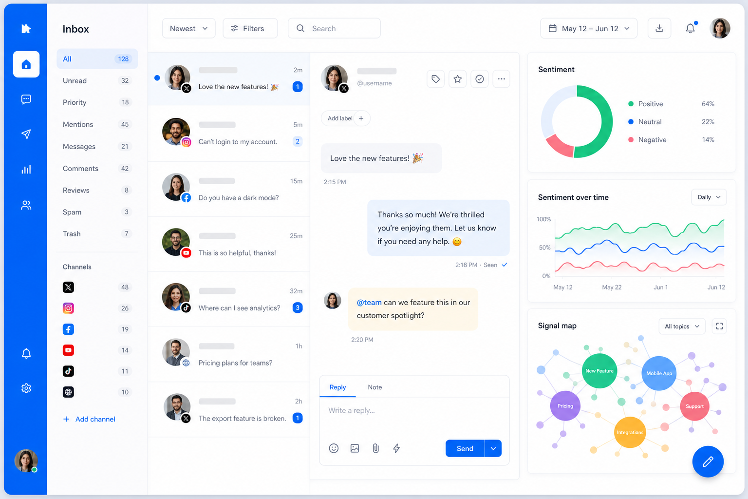 SocialBay business dashboard with Signal Map and support threads