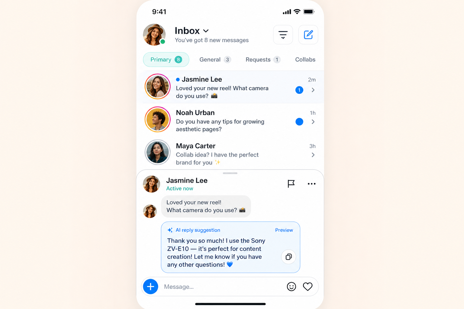 Creator DM inbox with AI reply suggestions